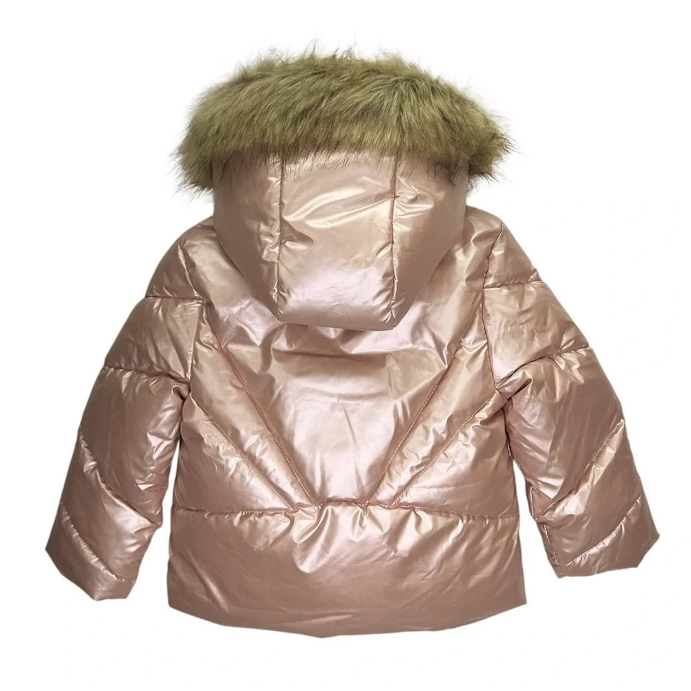 Sam Edelman Metallic Pink Puffer Coat Size 3T Quilted Fur Trim Hood Jacket NWT